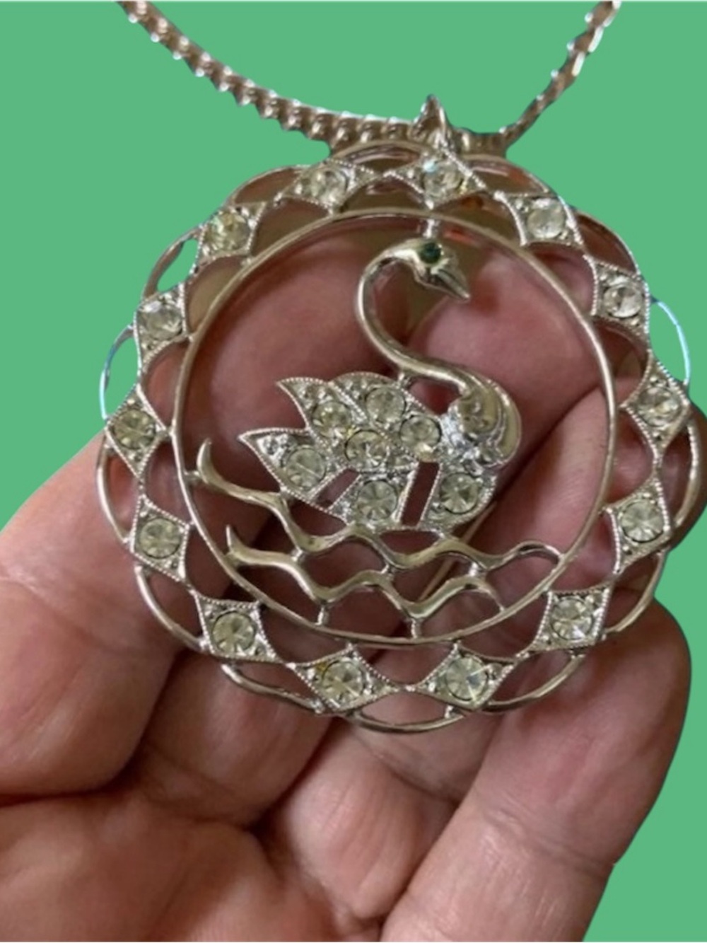 Sarah Coventry Vintage 1970 Swan Pendant/Necklace Blue Eye Rhinestones